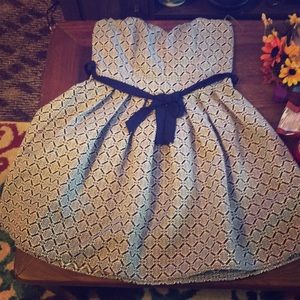 Strapless brocade navy dress